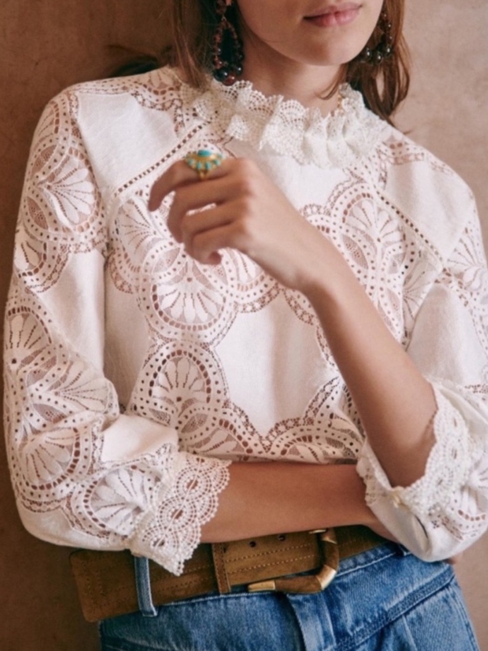 SEZANE Bacall Ecru White Lace High Neck Blouse, size US 6 / FR 38